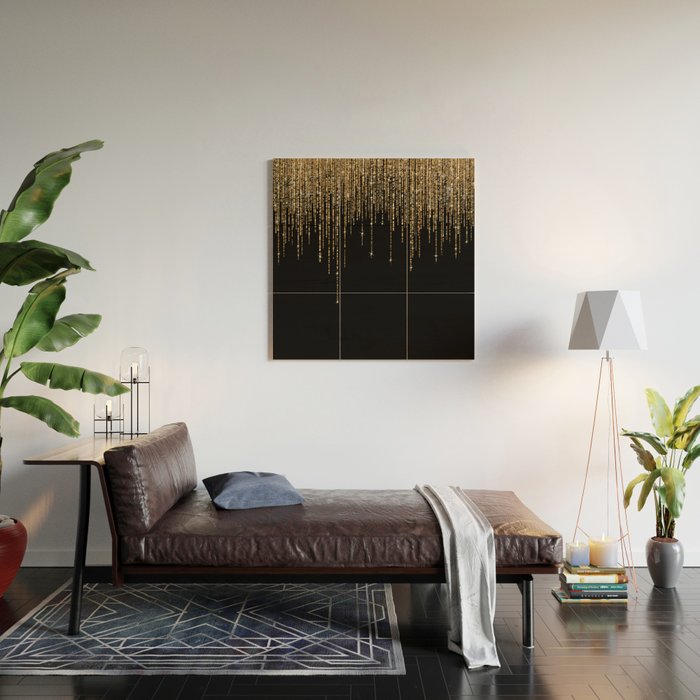 Luxury Chic Black Gold Sparkly Glitter Fringe Wood Wall Art Gallery Image 2