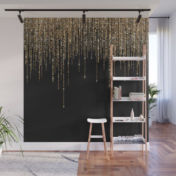 Luxury Chic Black Gold Sparkly Glitter Fringe Wall Mural Gallery Image 1
