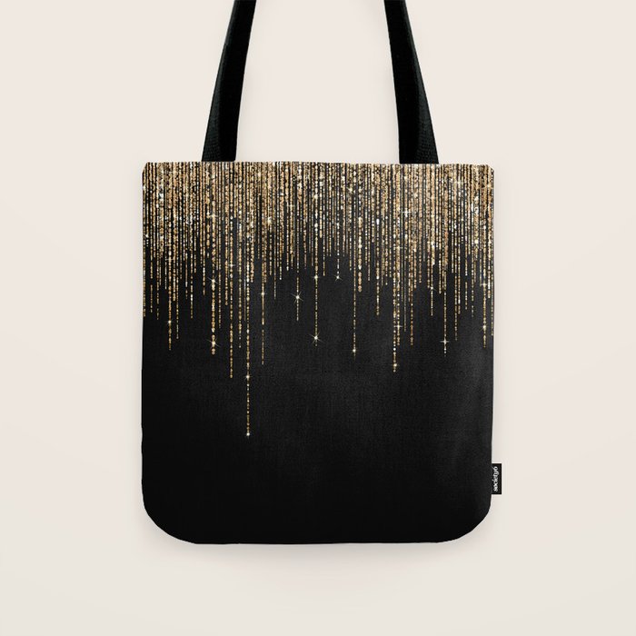 Luxury Chic Black Gold Sparkly Glitter Fringe Tote Bag Gallery Image 1