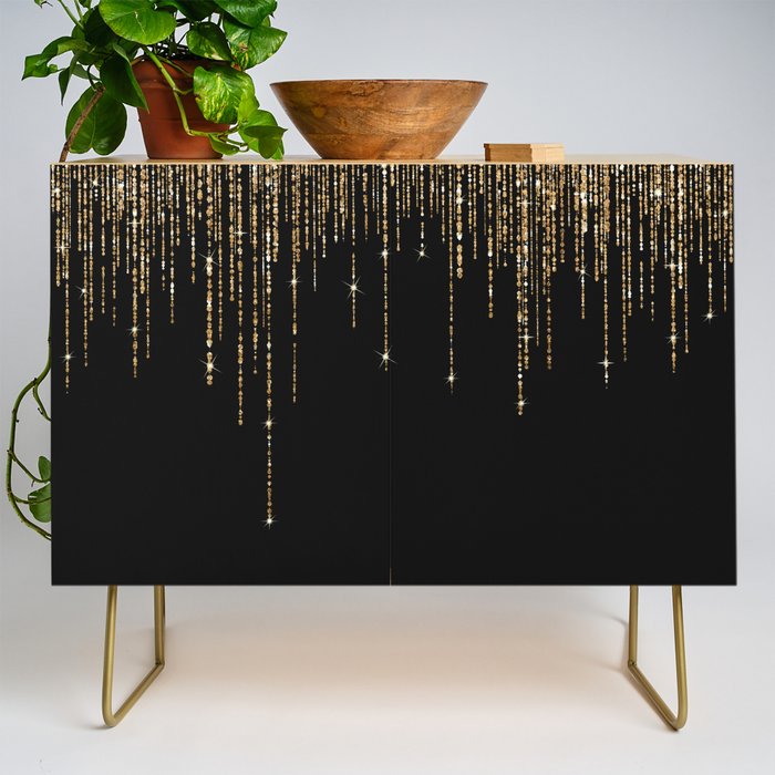 Luxury Chic Black Gold Sparkly Glitter Fringe Credenza Gallery Image 1