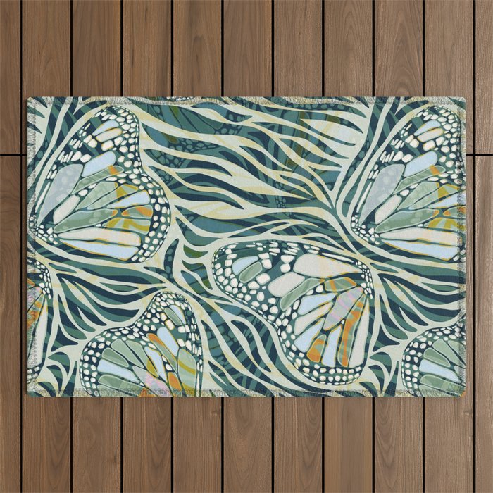 Abstract Retro Boho Butterfly Zebra Pattern - teal green Outdoor Rug Gallery Image 1