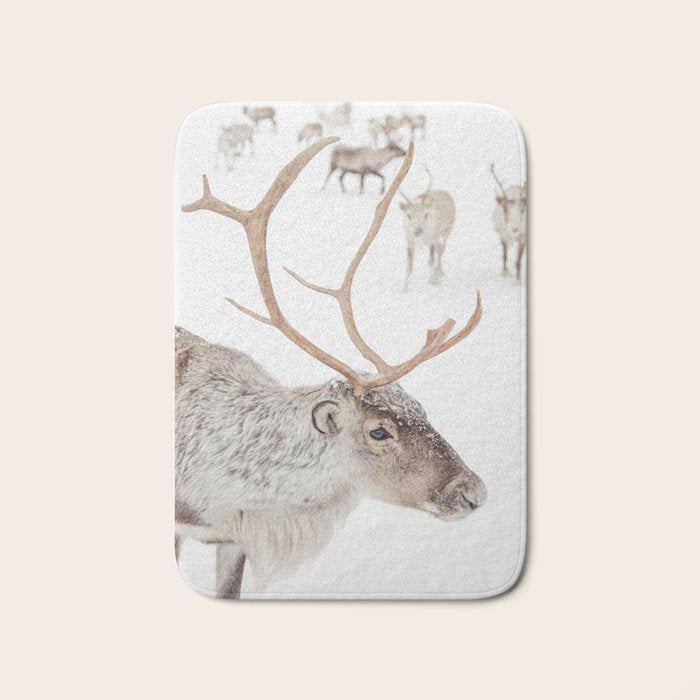 Reindeer With Antlers Art Print | Tromsø Norway Animal Snow Photo | Arctic Winter Travel Photography Bath Mat Gallery Image 1