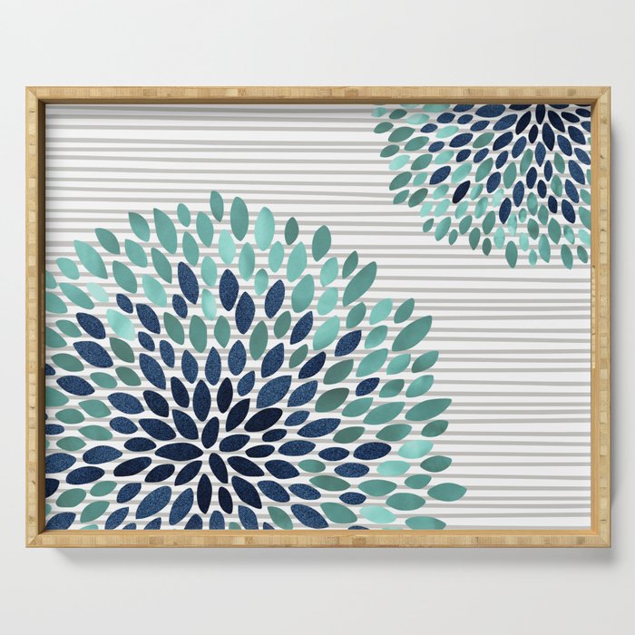 Floral Prints, Gray, Teal and Blue, Abstract Art Serving Tray Gallery Image 1