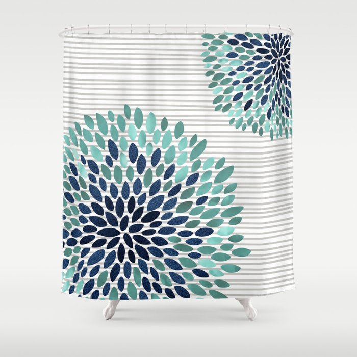 Floral Prints, Gray, Teal and Blue, Abstract Art Shower Curtain Gallery Image 1