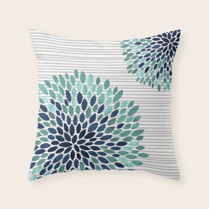 Floral Prints, Gray, Teal and Blue, Abstract Art Throw Pillow Gallery Image 6