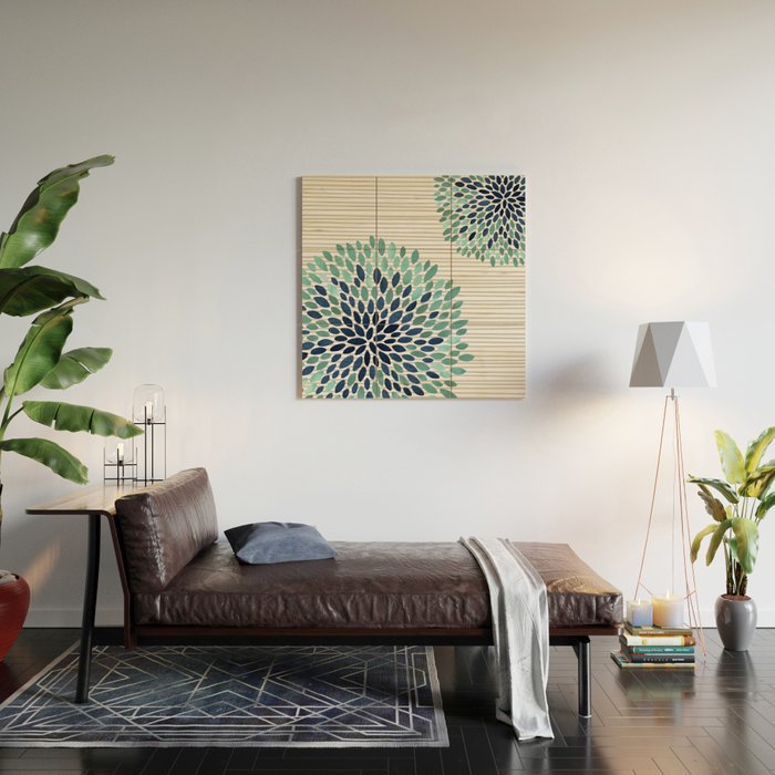 Floral Prints, Gray, Teal and Blue, Abstract Art Wood Wall Art Gallery Image 2