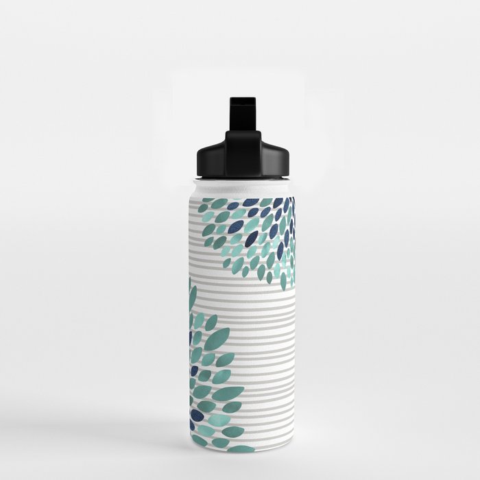 Floral Prints, Gray, Teal and Blue, Abstract Art Water Bottle Gallery Image 2