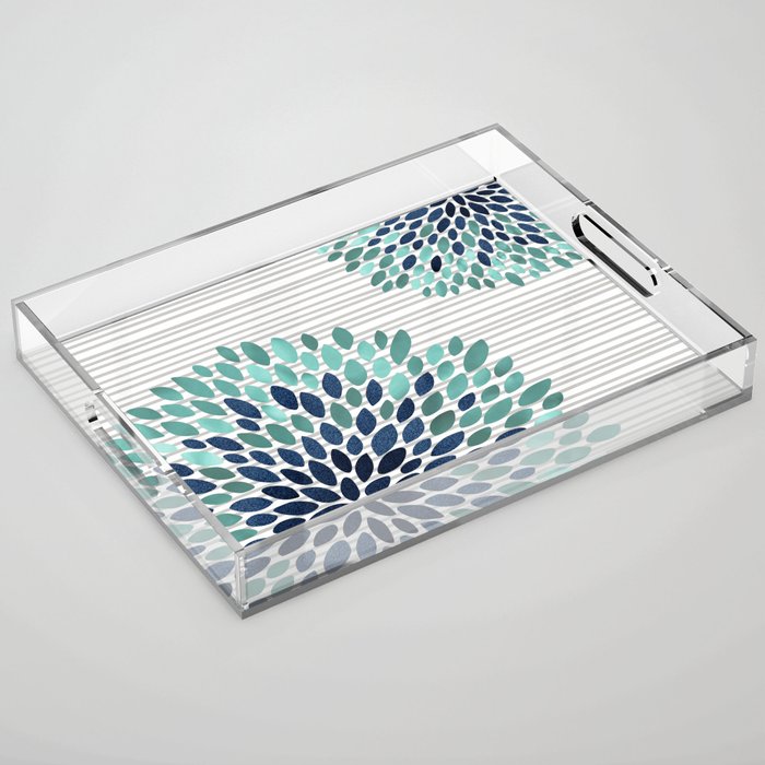Floral Prints, Gray, Teal and Blue, Abstract Art Acrylic Tray Gallery Image 1