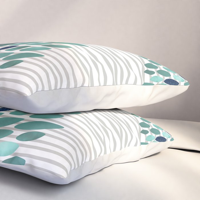 Floral Prints, Gray, Teal and Blue, Abstract Art Pillow Sham Gallery Image 3