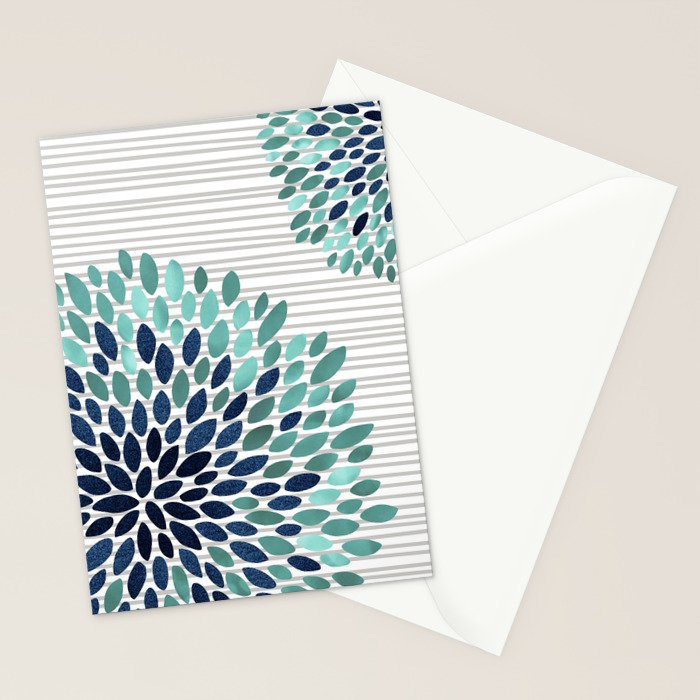 Floral Prints, Gray, Teal and Blue, Abstract Art Stationery Card Gallery Image 2