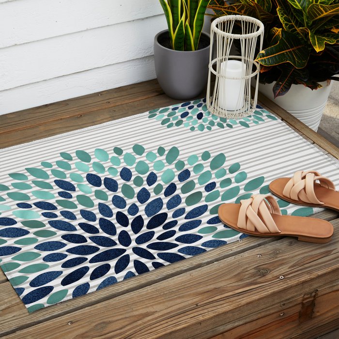 Floral Prints, Gray, Teal and Blue, Abstract Art Outdoor Rug Gallery Image 2