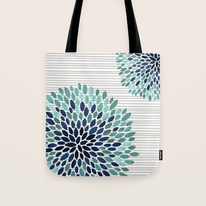 Floral Prints, Gray, Teal and Blue, Abstract Art Tote Bag Gallery Image 1