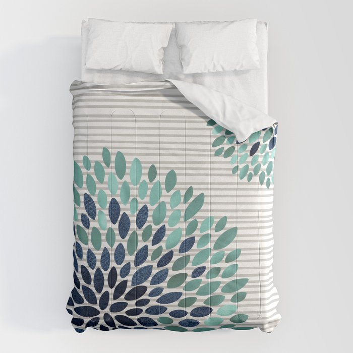 Floral Prints, Gray, Teal and Blue, Abstract Art Comforter Gallery Image 1