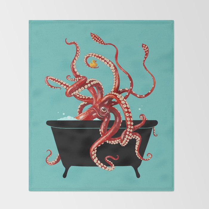 Giant Squid in Bathtub Throw Blanket Gallery Image 2