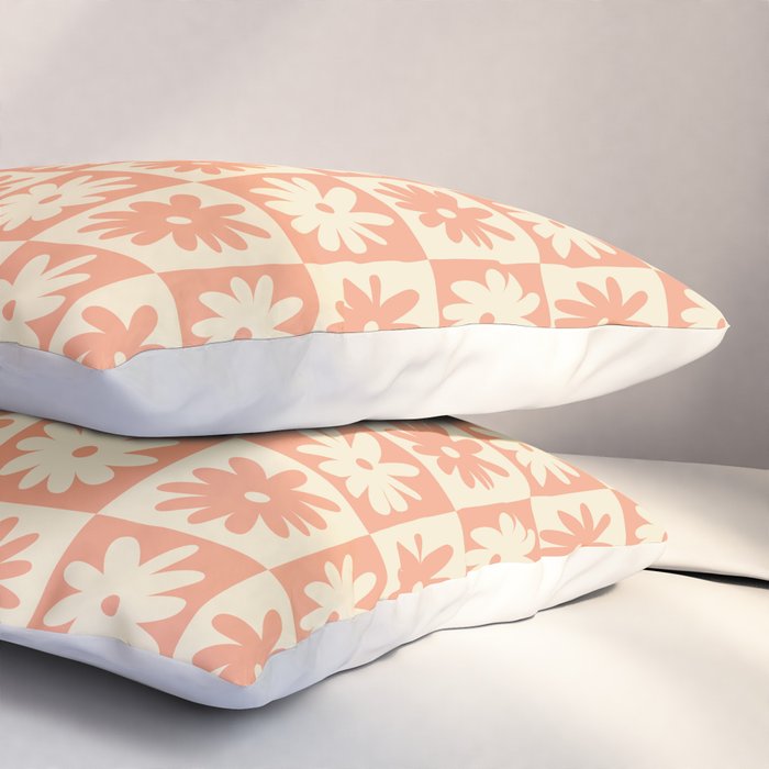 Peach And Off White Checkered Floral Pattern Pillow Sham Gallery Image 3