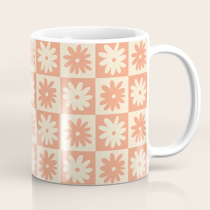 Peach And Off White Checkered Floral Pattern Coffee Mug Gallery Image 1
