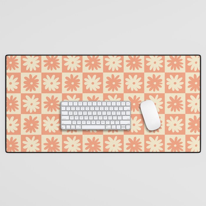 Peach And Off White Checkered Floral Pattern Desk Mat Gallery Image 1