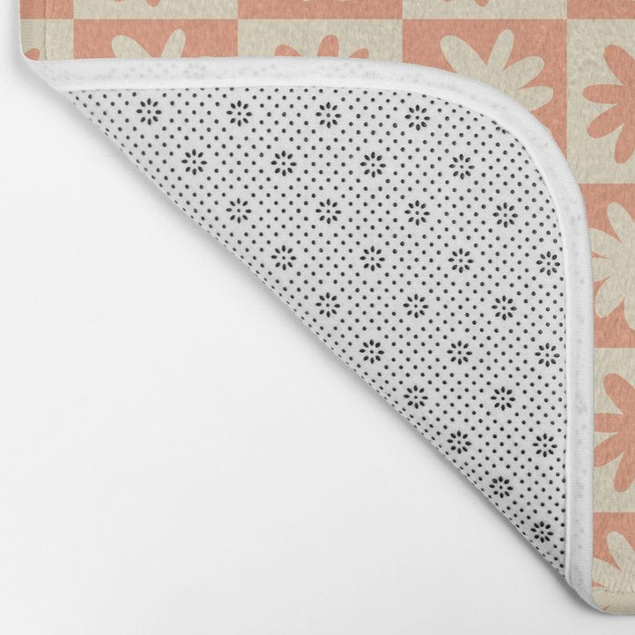 Peach And Off White Checkered Floral Pattern Bath Mat Gallery Image 2