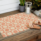 Peach And Off White Checkered Floral Pattern Outdoor Rug Gallery Image 2