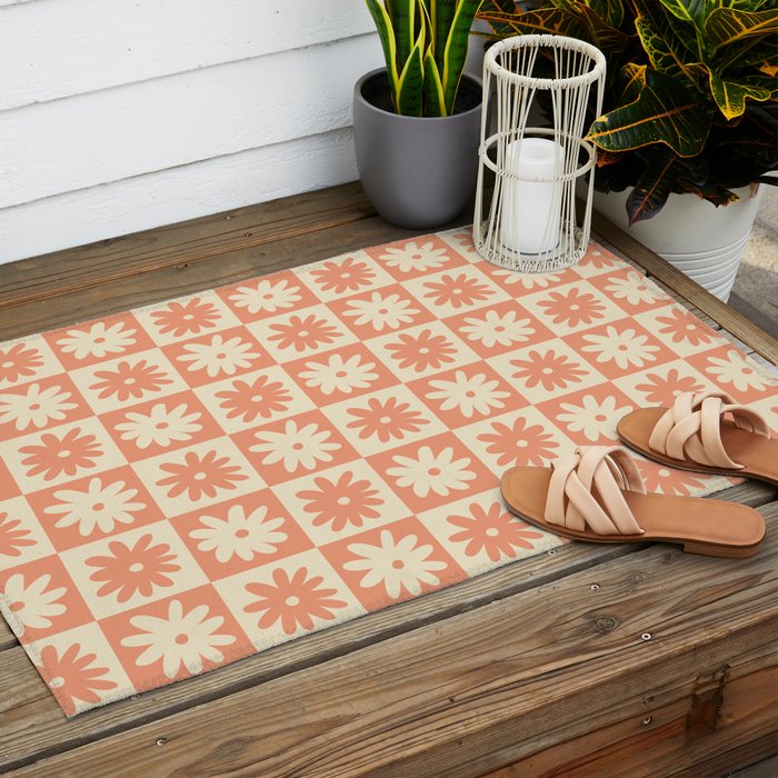 Peach And Off White Checkered Floral Pattern Outdoor Rug Gallery Image 2