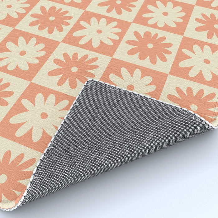Peach And Off White Checkered Floral Pattern Rug Gallery Image 4