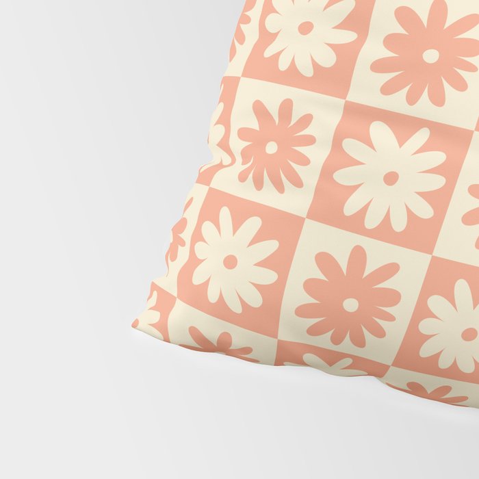 Peach And Off White Checkered Floral Pattern Pillow Sham Gallery Image 4