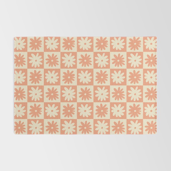 Peach And Off White Checkered Floral Pattern Rug Gallery Image 2
