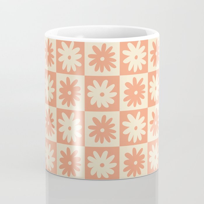 Peach And Off White Checkered Floral Pattern Coffee Mug Gallery Image 4