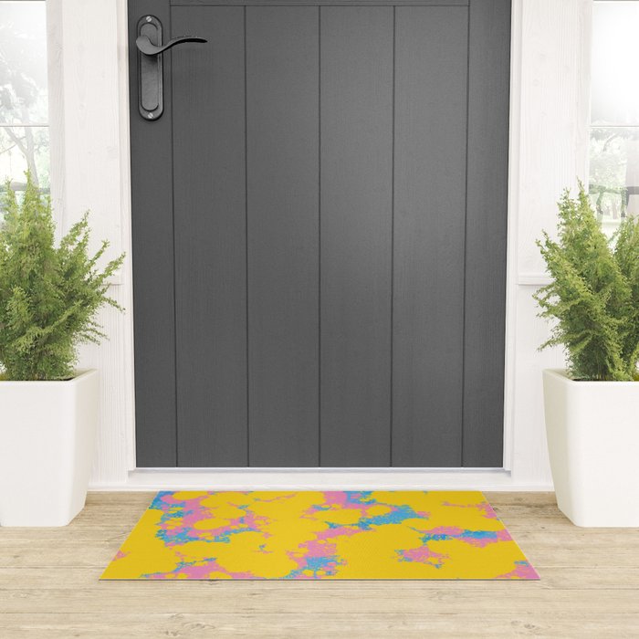 Colorful 80s Paint Spatter Fun Retro Contemporary Abstract in Pink Yellow Blue Welcome Mat Gallery Image 3