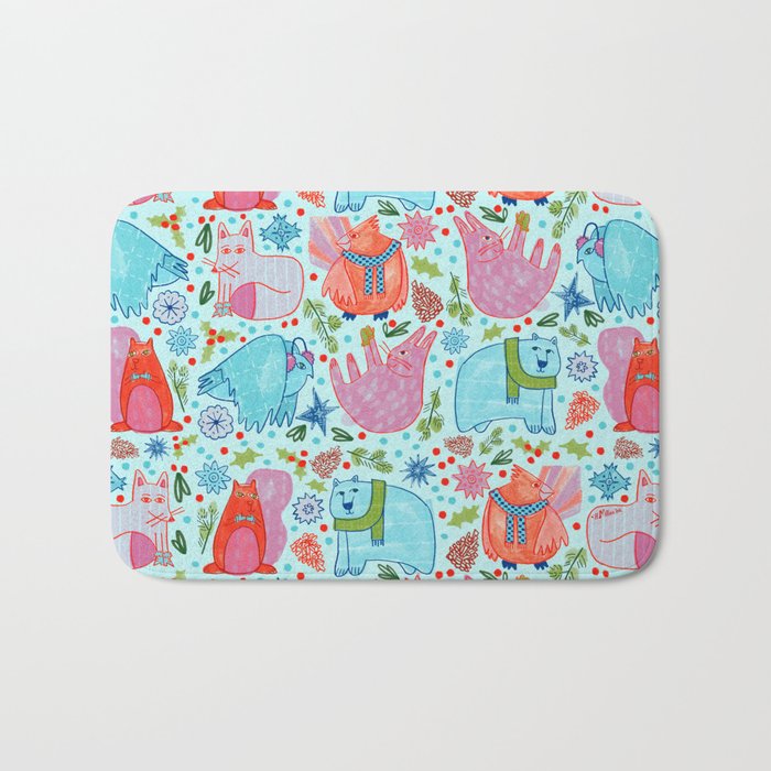 Winter Forest Woodland Animals in Arctic Blue Bath Mat Gallery Image 1
