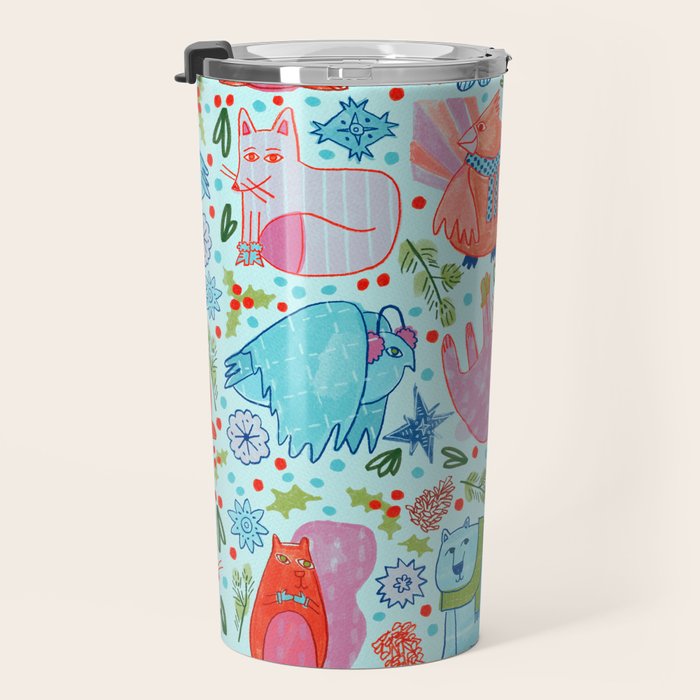 Winter Forest Woodland Animals in Arctic Blue Travel Mug Gallery Image 3