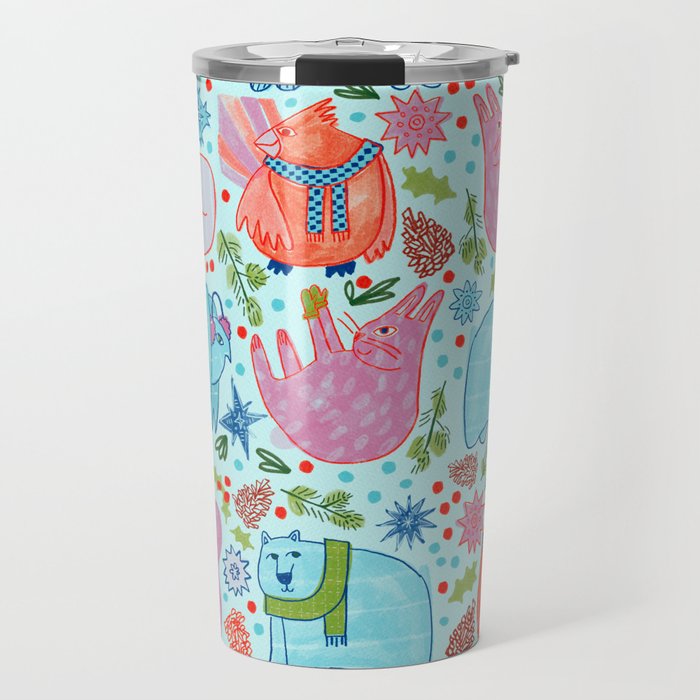 Winter Forest Woodland Animals in Arctic Blue Travel Mug Gallery Image 1