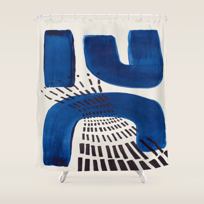 Colorful Mid Century Modern Abstract Fun Shapes Patterns Navy Blue Abstract Expressionism Shower Curtain Gallery Image 1