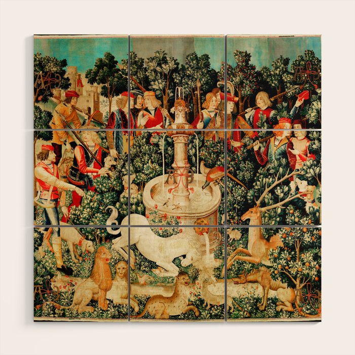Hunt Of The Unicorn Medieval Tapestry Wood Wall Art Gallery Image 1