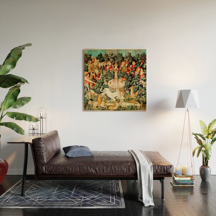 Hunt Of The Unicorn Medieval Tapestry Wood Wall Art Gallery Image 2