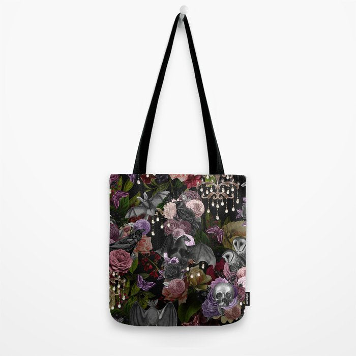 Vintage Floral Gothic and Bat Halloween Tote Bag Gallery Image 2