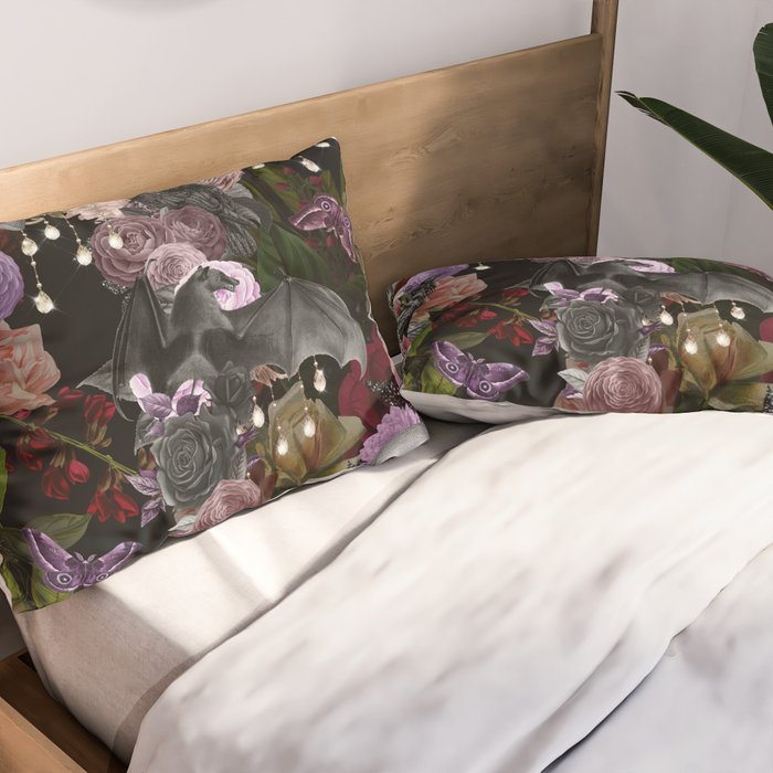 Vintage Floral Gothic and Bat Halloween Pillow Sham Gallery Image 2