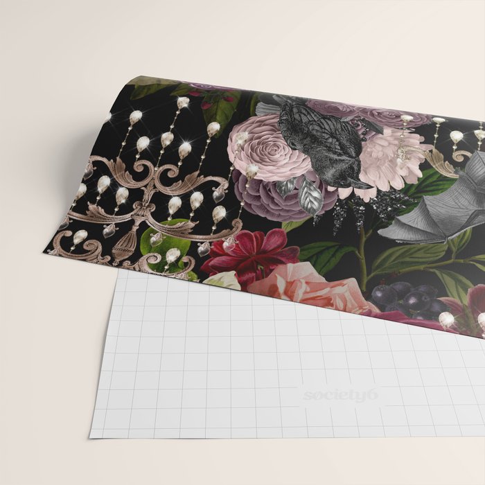 Vintage Floral Gothic and Bat Halloween Wrapping Paper Gallery Image 2