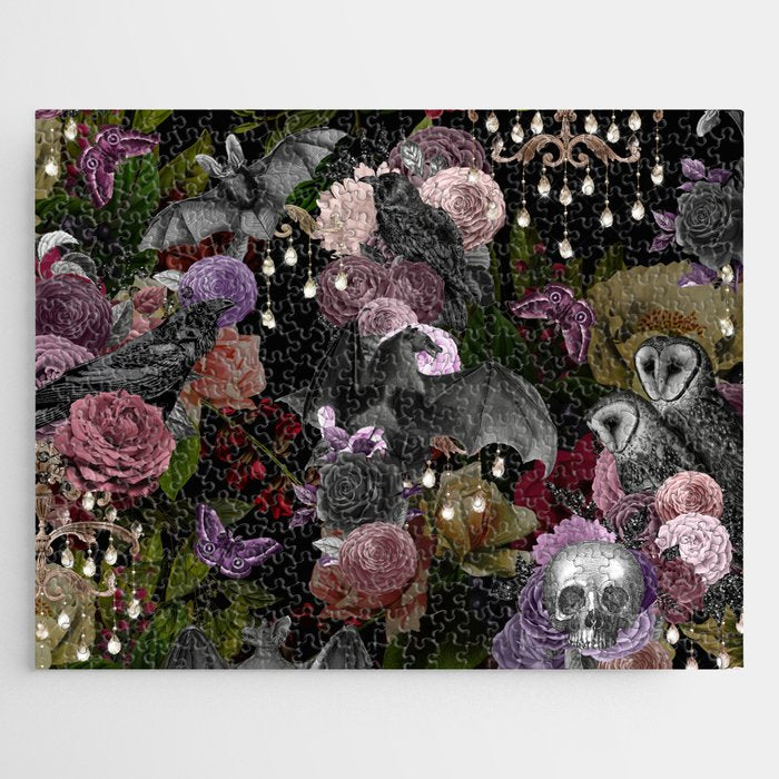 Vintage Floral Gothic and Bat Halloween Jigsaw Puzzle Gallery Image 1