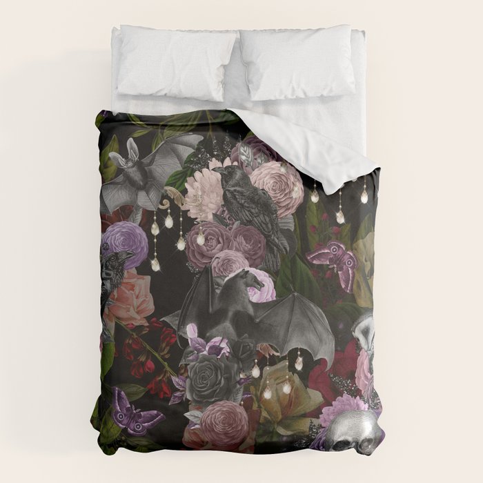 Vintage Floral Gothic and Bat Halloween Duvet Cover Gallery Image 1