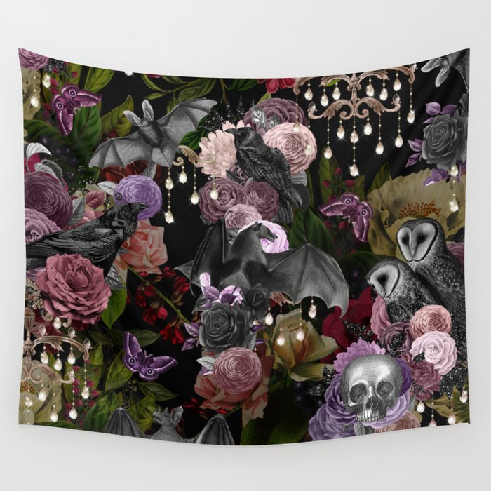 Vintage Floral Gothic and Bat Halloween Wall Tapestry Gallery Image 4