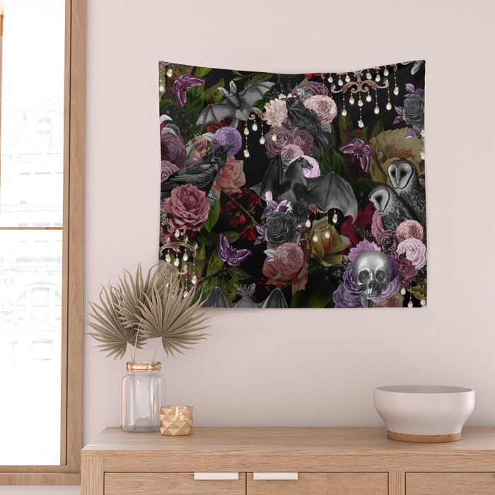 Vintage Floral Gothic and Bat Halloween Wall Tapestry Gallery Image 2