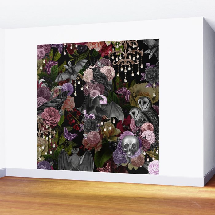 Vintage Floral Gothic and Bat Halloween Wall Mural Gallery Image 2