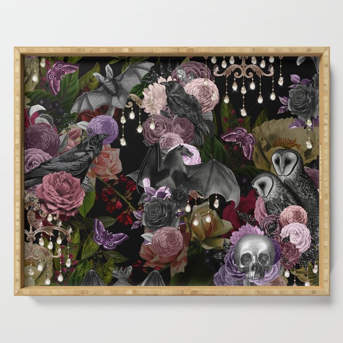 Vintage Floral Gothic and Bat Halloween Serving Tray Gallery Image 1