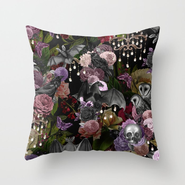 Vintage Floral Gothic and Bat Halloween Throw Pillow Gallery Image 1