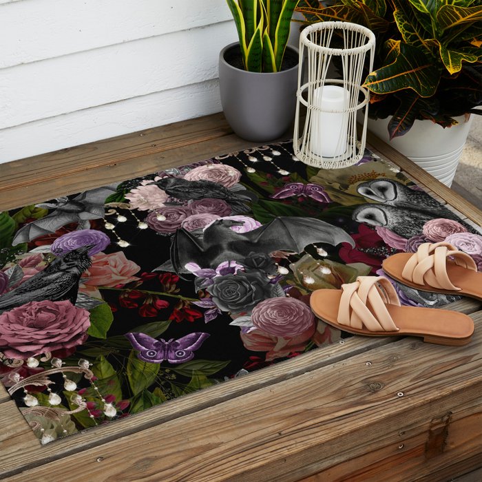 Vintage Floral Gothic and Bat Halloween Outdoor Rug Gallery Image 2