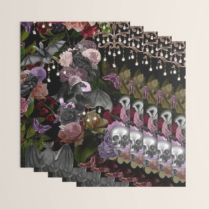 Vintage Floral Gothic and Bat Halloween Wrapping Paper Gallery Image 3