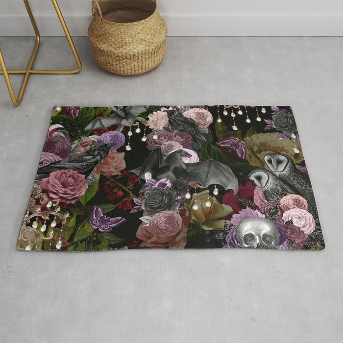 Vintage Floral Gothic and Bat Halloween Rug Gallery Image 1
