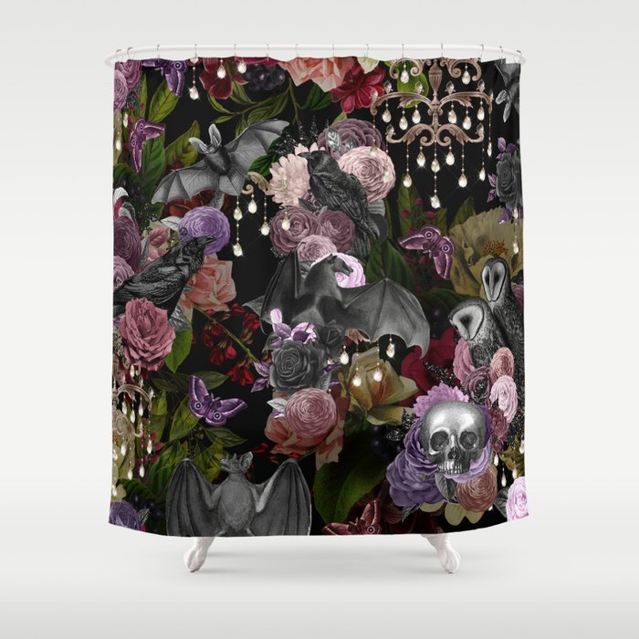 Vintage Floral Gothic and Bat Halloween Shower Curtain Gallery Image 1