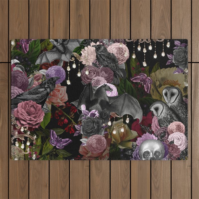 Vintage Floral Gothic and Bat Halloween Outdoor Rug Gallery Image 1